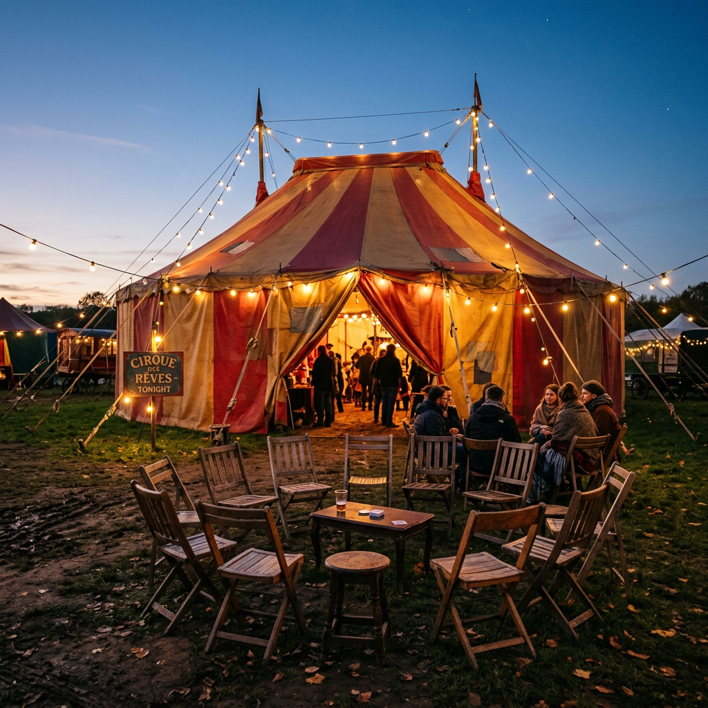Red and yellow circus tent illuminated with string lights and people gathered outside