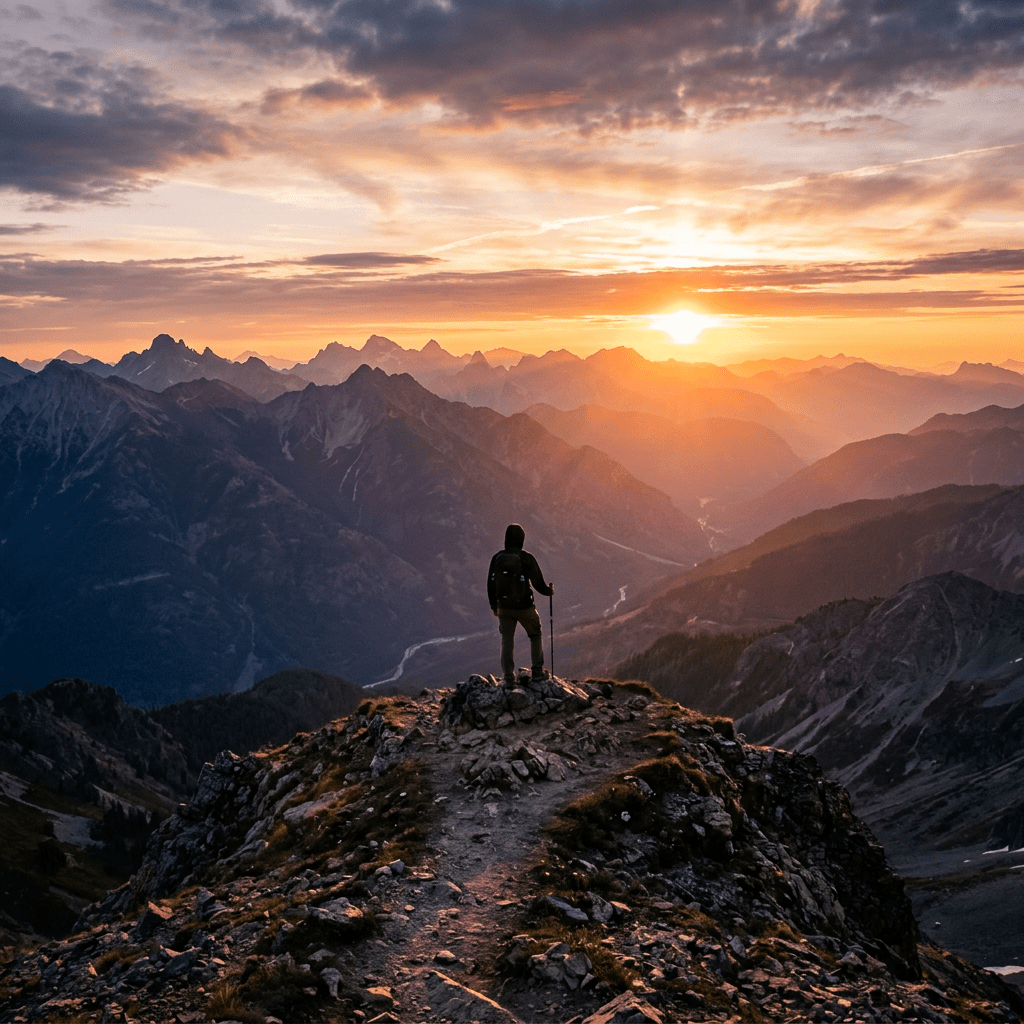 Person standing on rocky mountain summit facing a bright orange sunset over layered mountain ranges